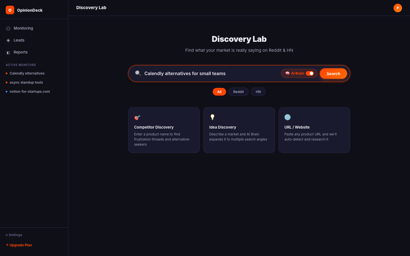 Discovery Lab search bar with AI Brain toggle highlighted