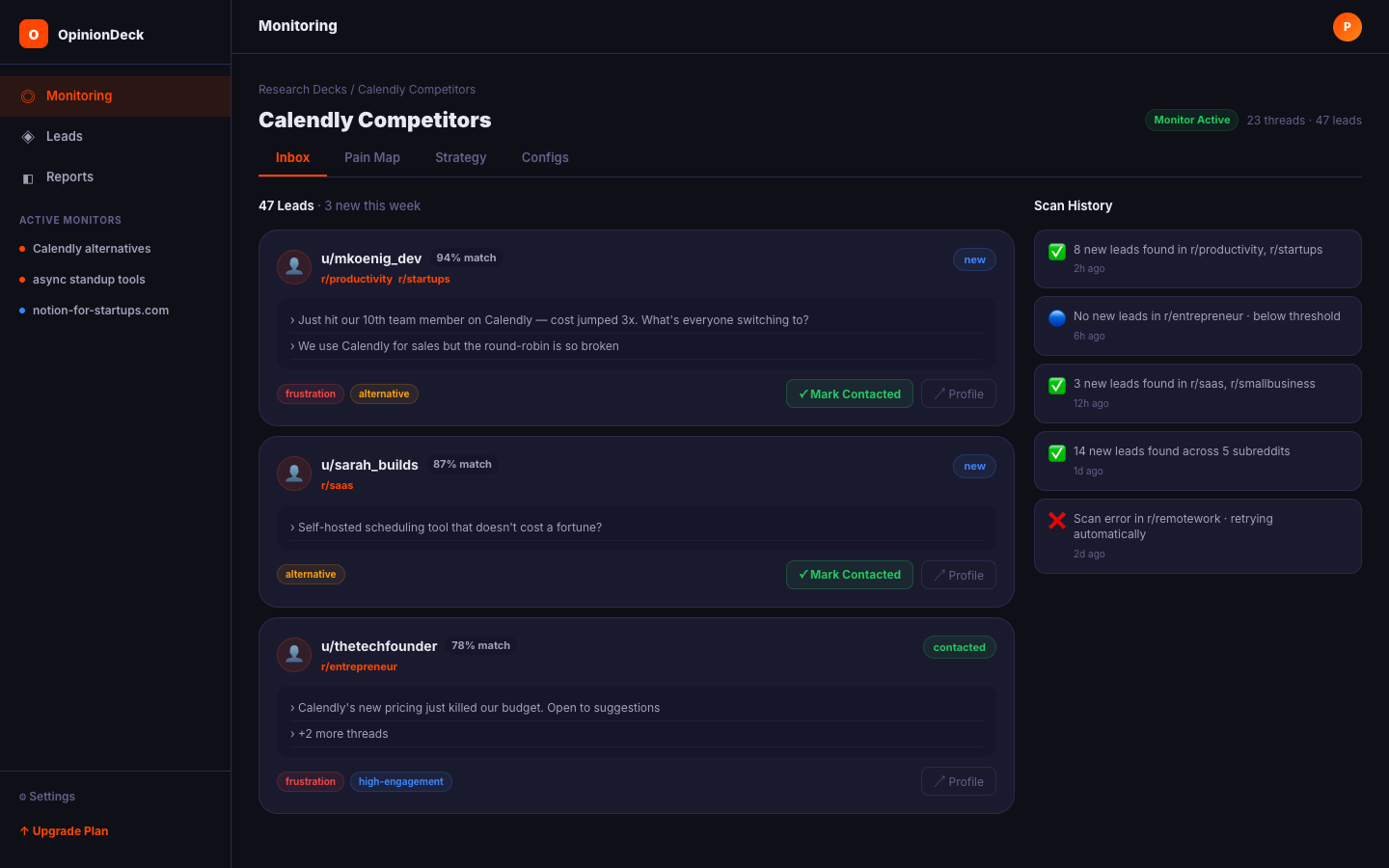 Inbox tab showing leads list on the left and scan history alerts on the right