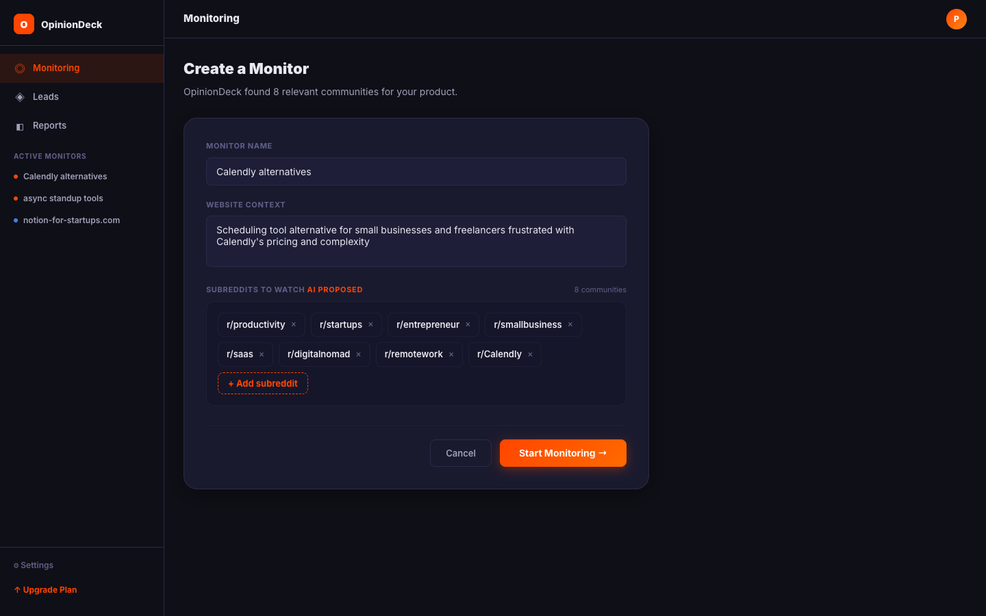 Monitor creation form showing AI-proposed subreddits and website context fields